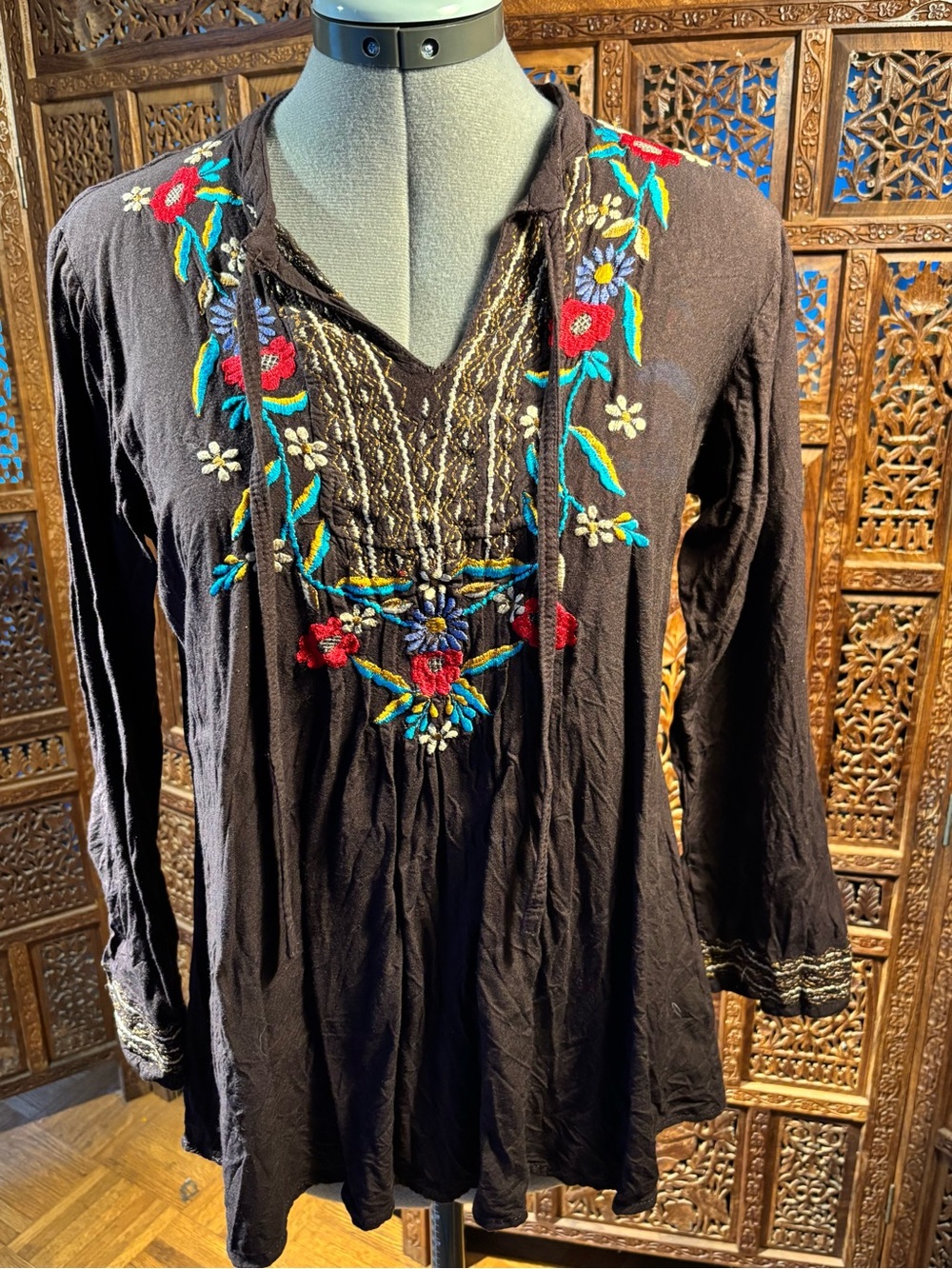 Brown Embroidered V-Neck Boho Top